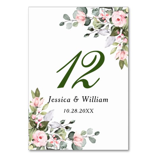 Eucalyptus Roze Blush Rozen Wedstrijknummer Kaart (Voorkant)