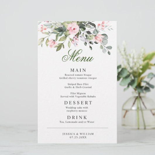 Eucalyptus Roze Blushrozen Trouwdiner Menu (Staand voorkant)