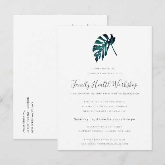 EUCALYPTUS ROZE GLOED KRAFT NAVY WERKPLAATSEVENEME AANKONDIGINGSKAART (Voorkant / Achterkant)