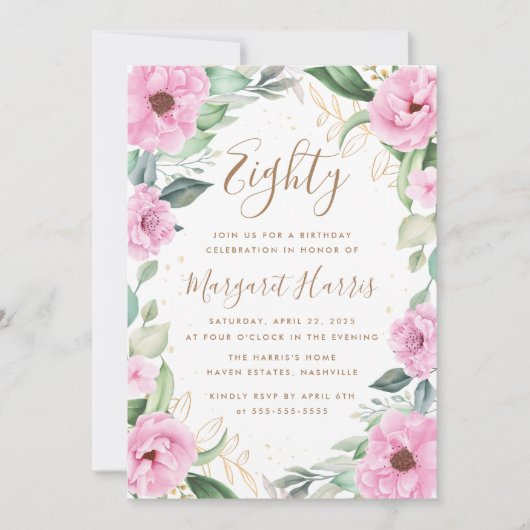 Eucalyptus Roze Goud Bloemen 80ste Tachtig Verjaar Kaart (Voorkant)