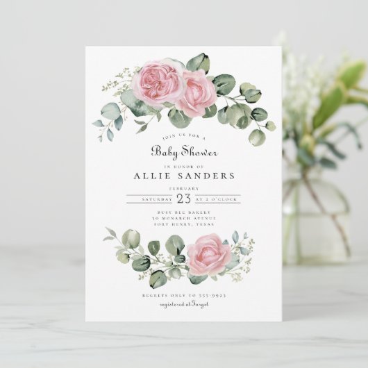 Eucalyptus roze roos bloemboog Baby shower Kaart (Staand voorkant)