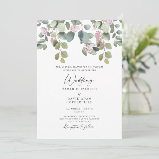 Eucalyptus & Roze Rose Elegant Weddenschap Kaart (Staand voorkant)