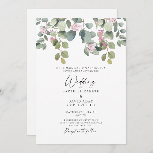 Eucalyptus & Roze Rose Elegant Weddenschap Kaart (Voorkant / Achterkant)