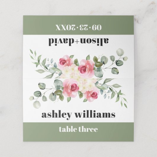 Eucalyptus roze rose witte bloemen bruiloft plaatskaartje (Buitenkant ongevouwen)