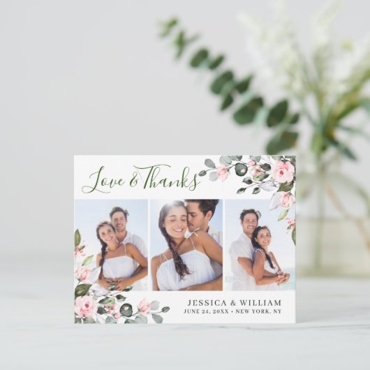 Eucalyptus roze Roses Weddenschap 3 Foto Hartelijk Briefkaart (Staand voorkant)