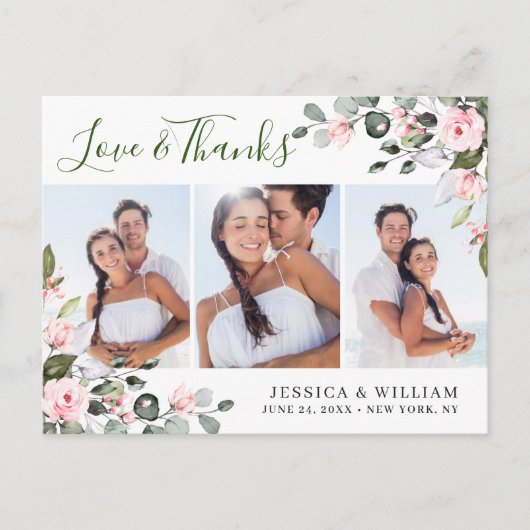 Eucalyptus roze Roses Weddenschap 3 Foto Hartelijk Briefkaart (Voorkant)