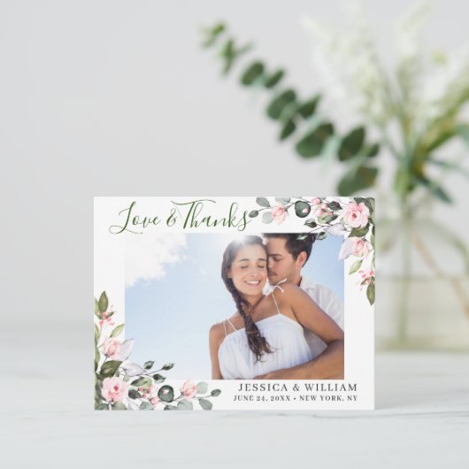 Eucalyptus Roze Rozen Bruiloftsfoto Bedankt Briefkaart (Staand voorkant)