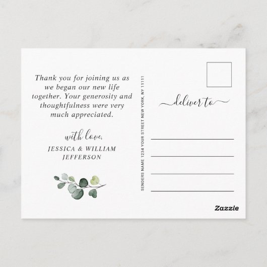 Eucalyptus Roze Rozen Bruiloftsfoto Bedankt Briefkaart (Achterkant)