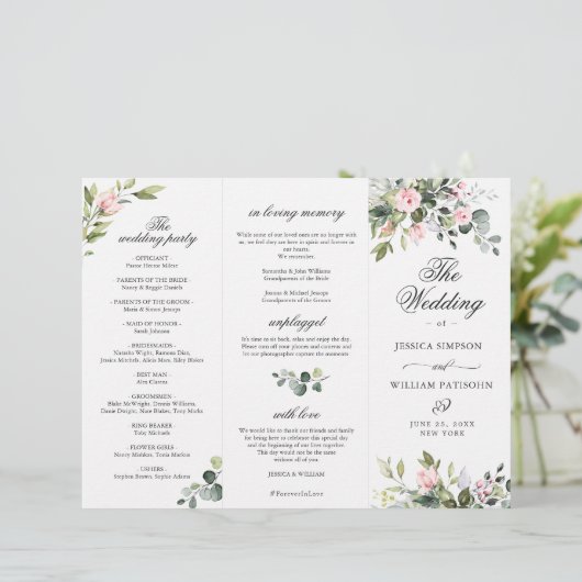 Eucalyptus Roze Rozen Huwelijksceremonie Programma (Staand voorkant)