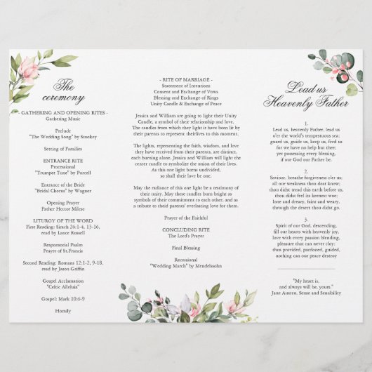 Eucalyptus Roze Rozen Huwelijksceremonie Programma (Achterkant)