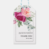 Eucalyptus, roze rozenbloemen typografie bruiloft cadeaulabel (Achterkant)