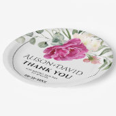 Eucalyptus, roze rozenbloemen typografie bruiloft papieren bordje (Gekanteld)