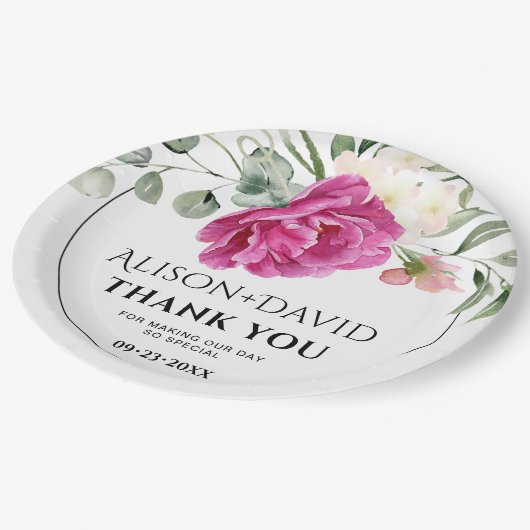 Eucalyptus, roze rozenbloemen typografie bruiloft papieren bordje (Gekanteld)