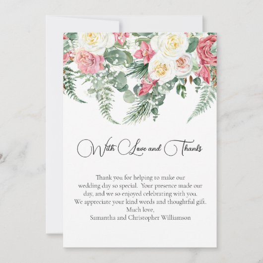 Eucalyptus Roze Witte Rozen Bloemen Bruiloft Bedankkaart (Voorkant)