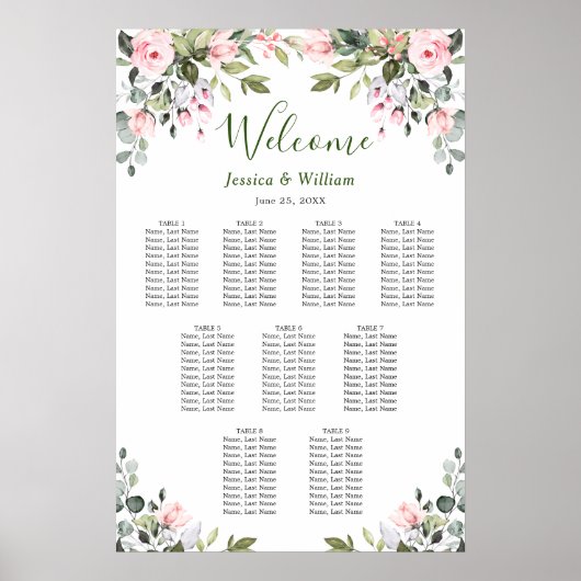 Eucalyptus & Rozen 9 Tafels Trouwstoel GRAFIEK Poster (Voorkant)