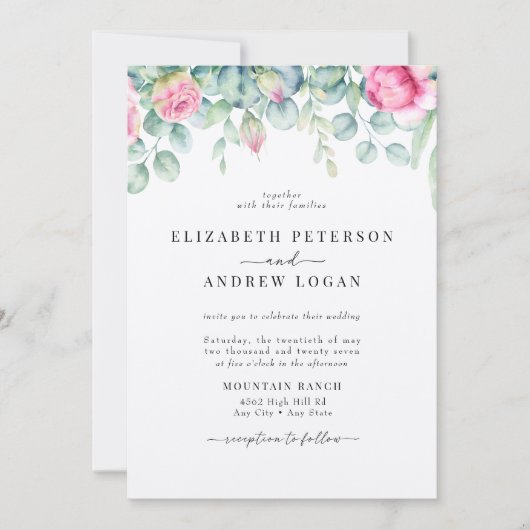 Eucalyptus Rozen | Elegante Boho groen bruiloft Kaart (Voorkant)