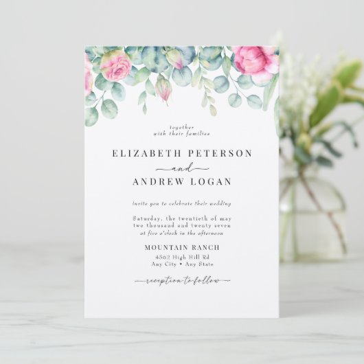 Eucalyptus Rozen | Elegante Boho groen bruiloft Kaart (Staand voorkant)