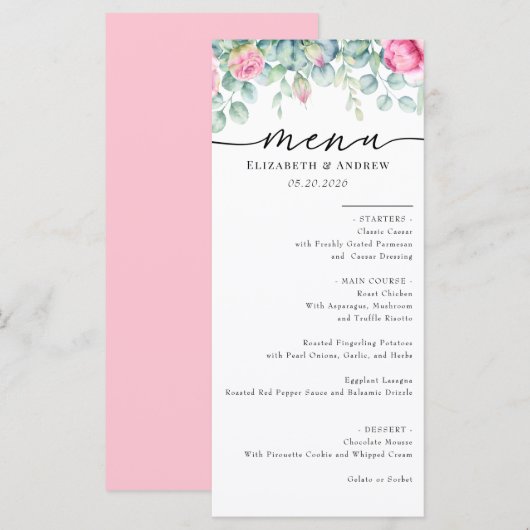 Eucalyptus Rozen | Elegante Boho groen bruiloft Menu (Voorkant / Achterkant)