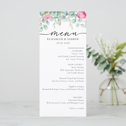 Eucalyptus Rozen | Elegante Boho groen bruiloft Menu (Staand voorkant)