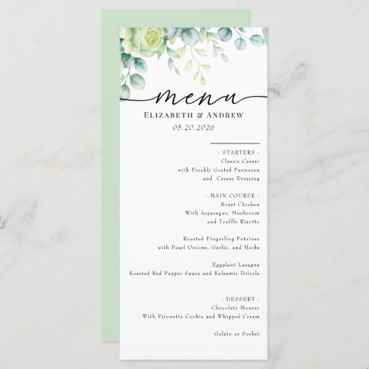 Eucalyptus Rozen | Elegante Boho groen bruiloft Menu (Voorkant / Achterkant)