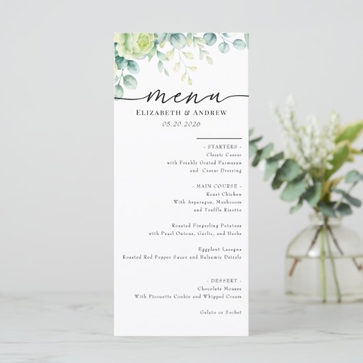 Eucalyptus Rozen | Elegante Boho groen bruiloft Menu (Staand voorkant)
