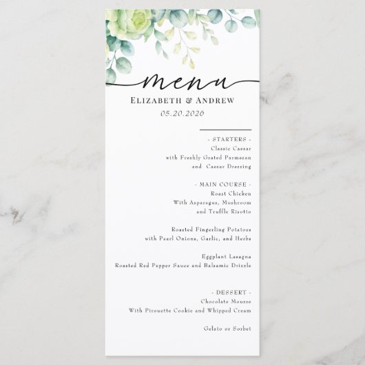 Eucalyptus Rozen | Elegante Boho groen bruiloft Menu (Voorkant)