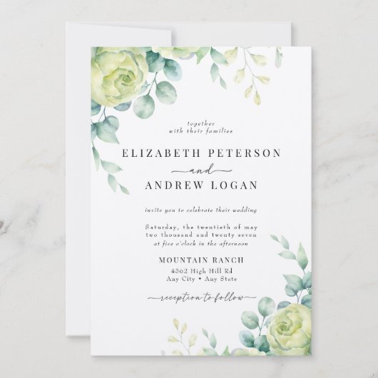 Eucalyptus Rozen | Elegante Boho Groene Huwelijk Kaart (Voorkant)