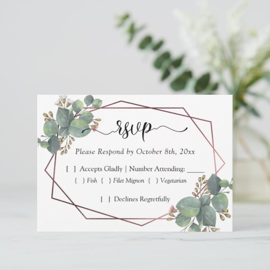 Eucalyptus RSVP roos goud geometrisch lijst Kaartje (Staand voorkant)