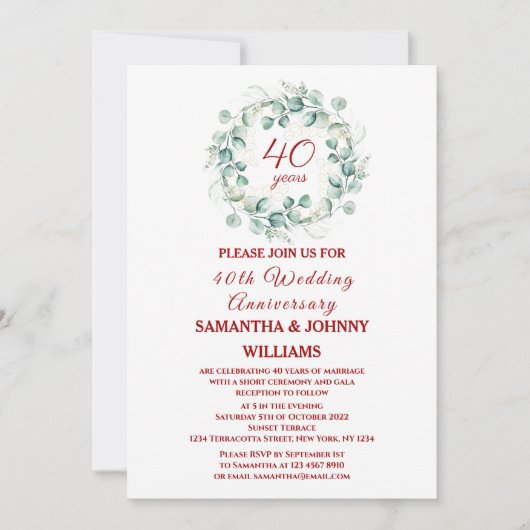 Eucalyptus Ruby 40th Wedding Jubileum Foto Kaart (Voorkant)