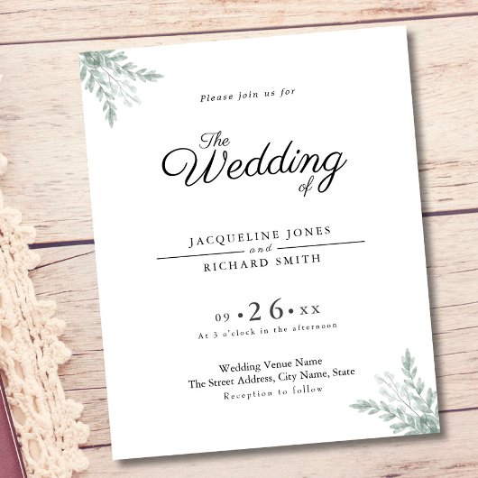 Eucalyptus Rustic Budget Chic Wedding Uitnodiging Flyer