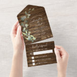 Eucalyptus Rustic Country Wood Weddenschap RSVP All In One Uitnodiging<br><div class="desc">Eucalyptus Greenery Botanical Waterverf Spring,  Herfst,  herfst,  Winter,  Summer Wedding RSVP Uitnodigingen op Rustic Country Wood Outdoorachtergrond - omvat prachtige en elegante scripttypografie met moderne botanische bladeren en groen voor de speciale viering op de dag van de bruiloft.</div>