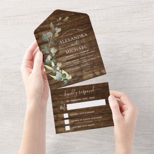 Eucalyptus Rustic Country Wood Weddenschap RSVP All In One Uitnodiging (Afscheurbaar)