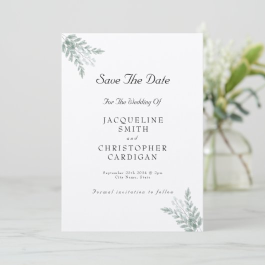 Eucalyptus Rustic Eco Friendly Save the Date Kaart (Staand voorkant)