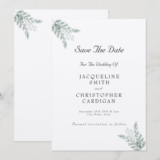 Eucalyptus Rustic Eco Friendly Save the Date Kaart (Voorkant / Achterkant)