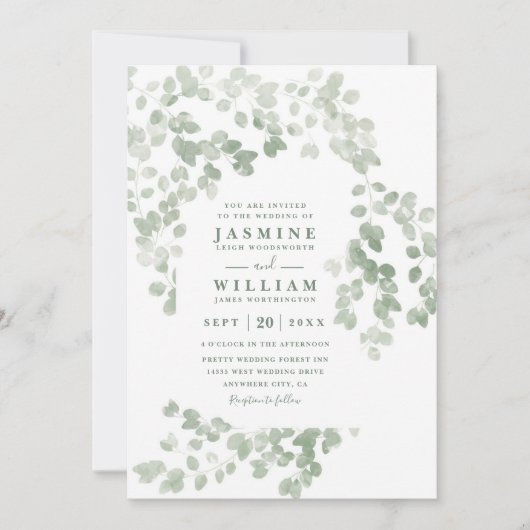 Eucalyptus Rustic Elegant Modern QR Code Wedding Kaart (Voorkant)