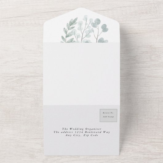 Eucalyptus Rustic Floral Waterverf Wedding All In One Uitnodiging (Buitenkant)