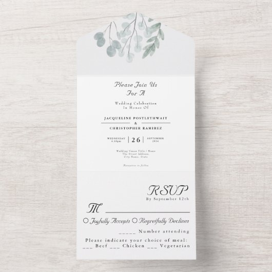 Eucalyptus Rustic Floral Waterverf Wedding All In One Uitnodiging (Binnen)
