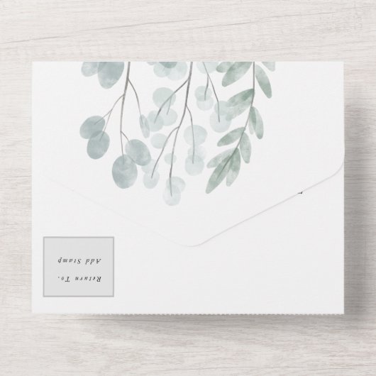 Eucalyptus Rustic Floral Waterverf Wedding All In One Uitnodiging (Achterkant)
