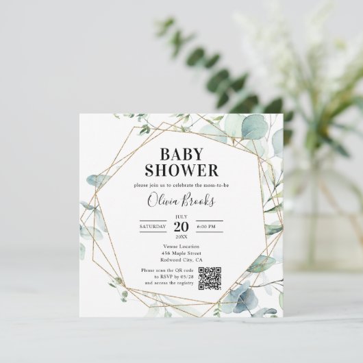 Eucalyptus Rustic Foto QR Code Baby shower Kaart (Staand voorkant)