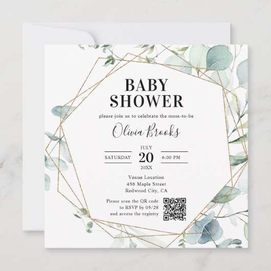Eucalyptus Rustic Foto QR Code Baby shower Kaart (Voorkant)