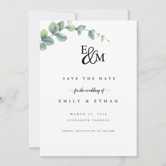 Eucalyptus Rustic Groene Huwelijk Save The Date (Voorkant)