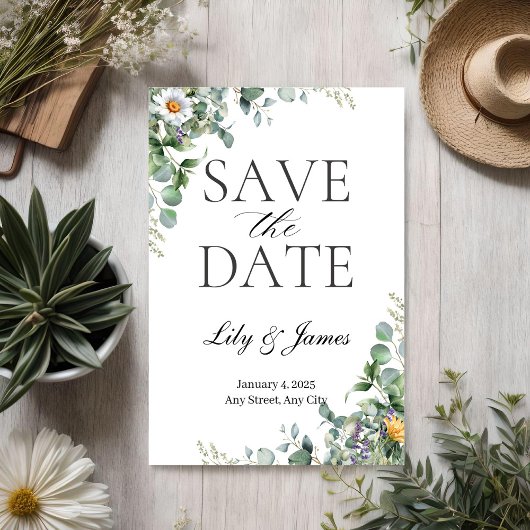 Eucalyptus Rustic Save the Dates Kaart