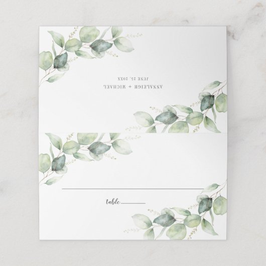 Eucalyptus Rustic Script Greenery Wedding Table Plaatskaartje (Buitenkant ongevouwen)