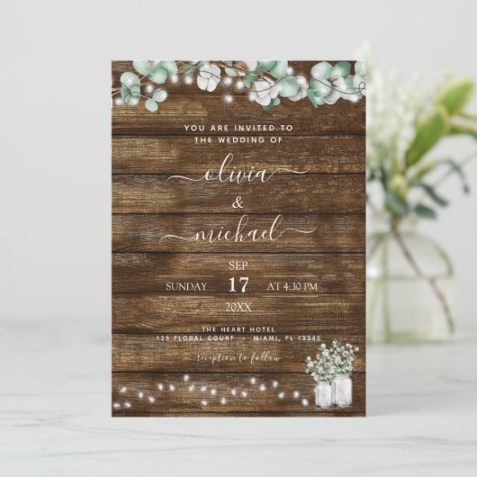 Eucalyptus Rustic Wedding Invitations Kaart (Staand voorkant)