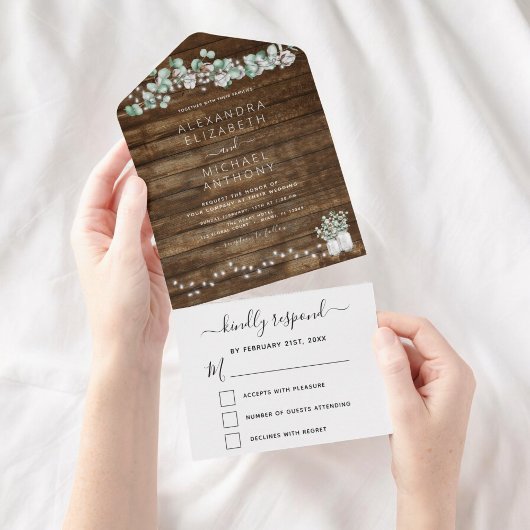 Eucalyptus Rustic Wedding String Lights in één kee All In One Uitnodiging