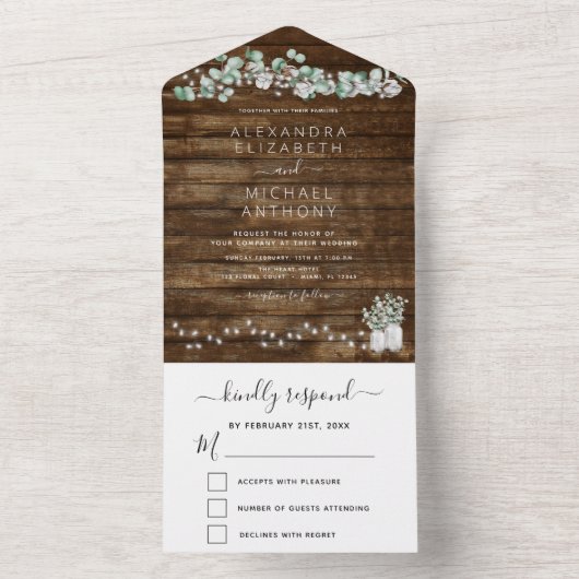 Eucalyptus Rustic Wedding String Lights in één kee All In One Uitnodiging (Binnen)
