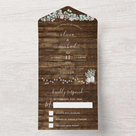 Eucalyptus Rustic Wedding String Lights RSVP All In One Uitnodiging (Binnen)
