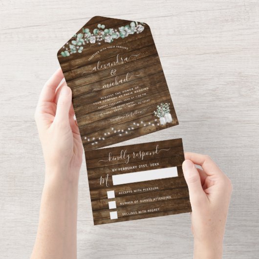 Eucalyptus Rustic Wedding String Lights RSVP All In One Uitnodiging (Afscheurbaar)