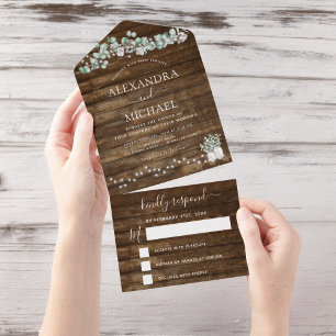 Eucalyptus Rustic Wedding String Lights RSVP All In One Uitnodiging