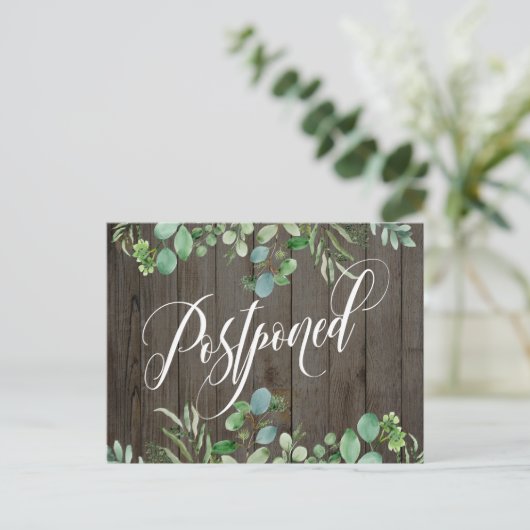 Eucalyptus & Rustic Wood Postponed Wedding Briefkaart (Staand voorkant)